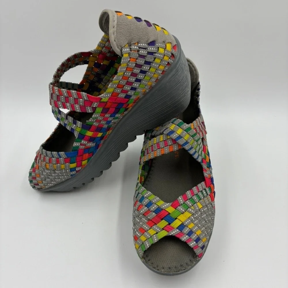 Bernie Mev Comfi Mary Jane 38/US 7 Rainbow Woven Wedge Sandals‎ Peep Toe Elastic
